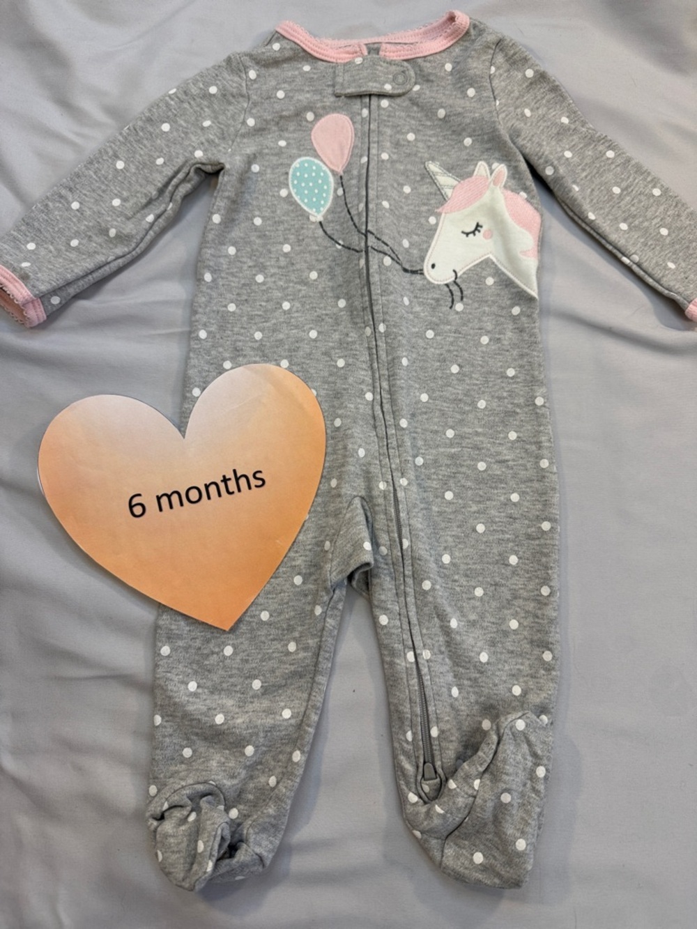 Carter's Grey Polka Dot Unicorn Footed One-Piece Sleeper/Rompwr with Pink Trim